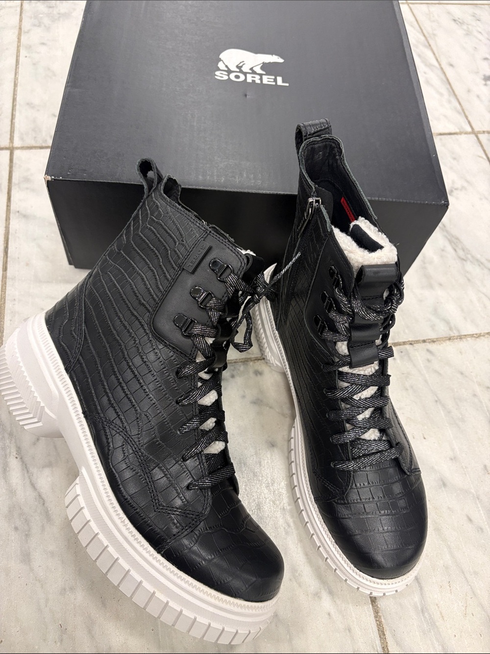 Sorel Black Croc-Embossed Lace-Up Platform Ankle Boots with White Sole